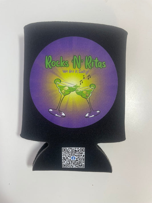 Custom printed black koozie with a colorful logo