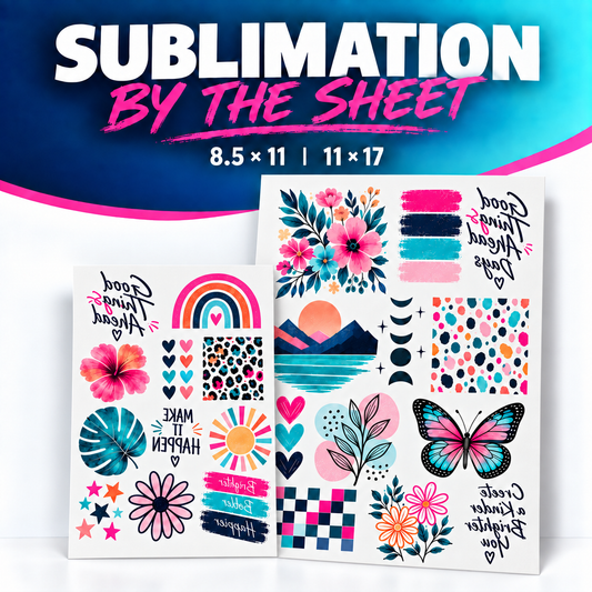 Overlapping mirrored sublimation sheets showing 8.5 by 11 and 11 by 17 inch sizes